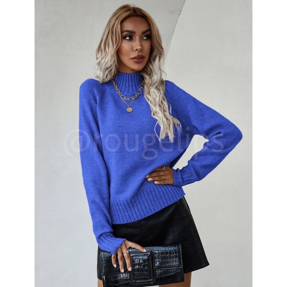 Royal Blue Knit Turtleneck Pullover Sweater Long Sleeve Side Slits - Picture 8 of 10
